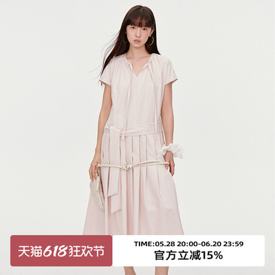 下摆压褶/飞飞袖长款连衣裙