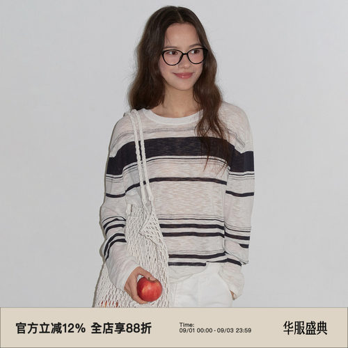 复古条纹圆领宽松慵懒感针织上衣