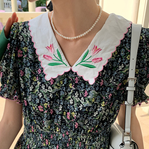 omont蛋挞家 碎花连衣裙2022新款女收腰显瘦泡泡袖法式短袖长裙子