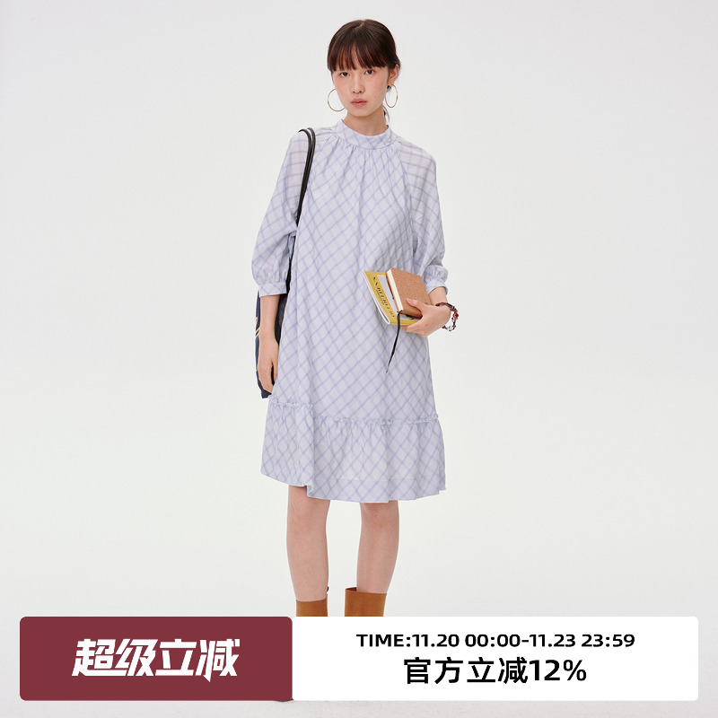 经典格纹/立领设计/七分袖连衣裙