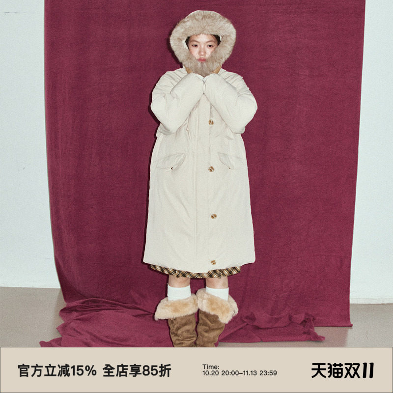 omont蛋挞家复古可卸毛领派克羽绒服冬保暖长款90白鸭绒外套