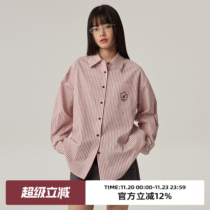 刺绣/条纹/纯棉/宽松衬衫