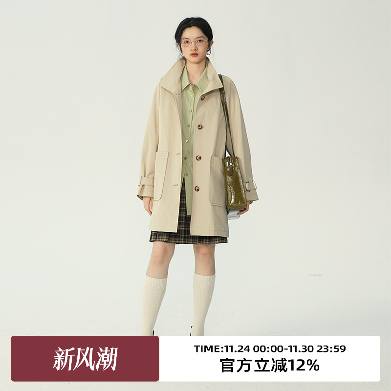 omont宽松立领中长款风衣