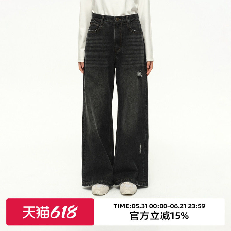 omont蛋挞家复古做旧破洞牛仔裤2025秋季新款高腰直筒显瘦长裤子