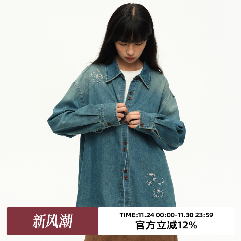 复古手绘刺绣宽松休闲长袖衬衫