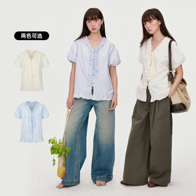 花瓣木耳边设计/宽松短袖衬衫