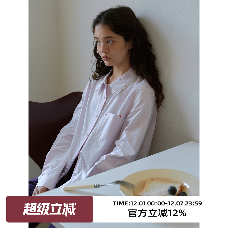 复古花朵绣花领正肩长袖衬衫