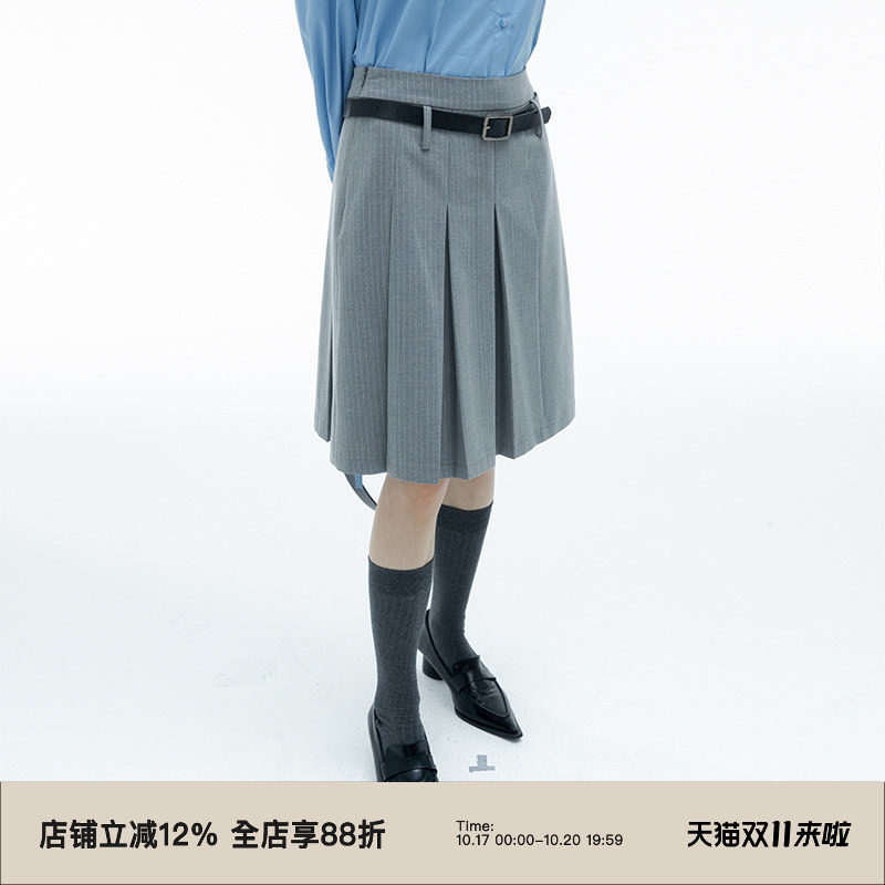omont蛋挞家 bella灰色半身裙子秋季新款高腰显瘦a字裙百褶裙短裙