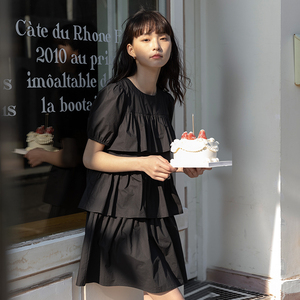 omont蛋挞家 复古泡泡袖蛋糕连衣裙女夏季新款短裙设计感显瘦裙子