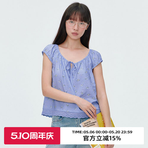 小碎花面料/下摆花边拼接短袖T恤