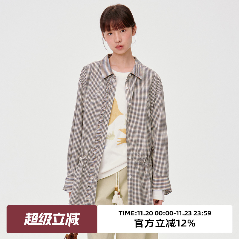 复古格子面料/木耳边长袖衬衫