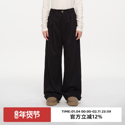 复古加绒高腰阔腿休闲长裤
