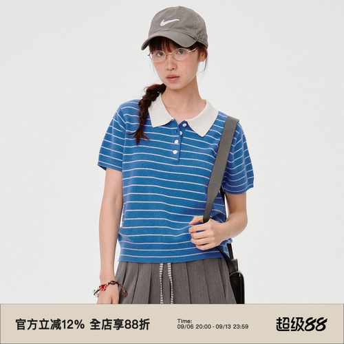 撞色POLO领/条纹短袖针织衫