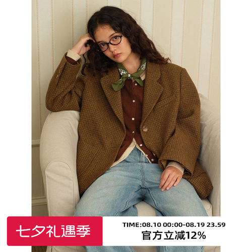 复古小千鸟格毛呢西装外套