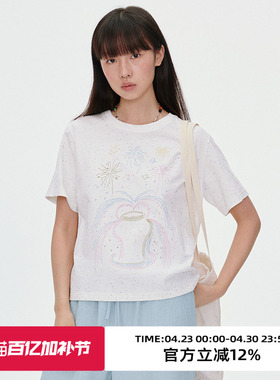 omont蛋挞家彩色喷泉绣花短袖T恤2025夏季圆领宽松休闲半袖上衣女