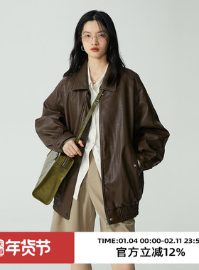 omont蛋挞家 棕色皮衣外套女新款复古宽松机车短款夹克外套女春秋