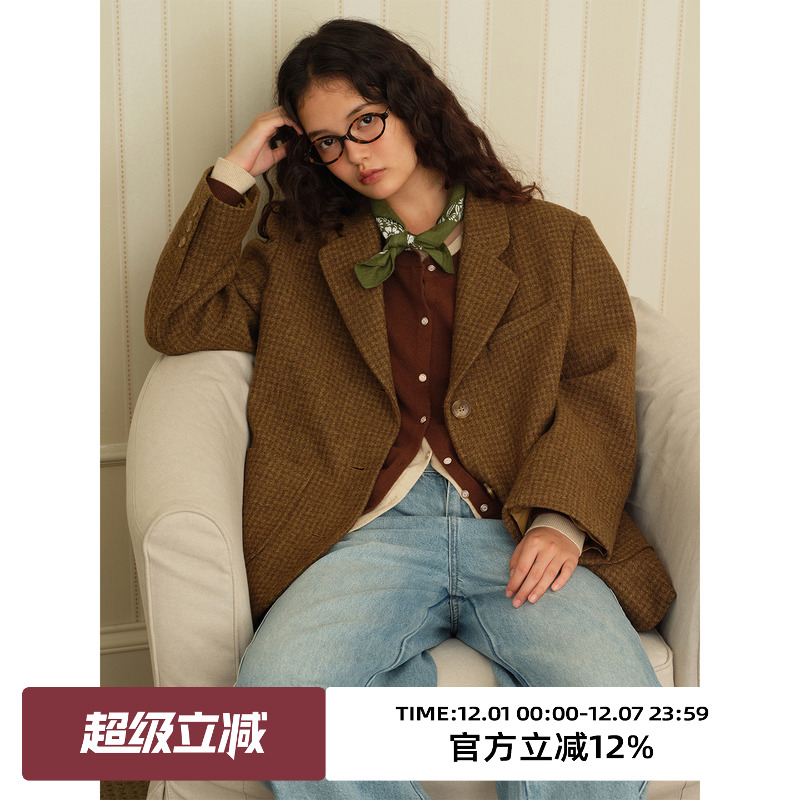 复古小千鸟格毛呢西装外套