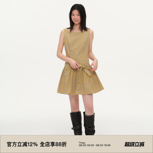 复古格子收腰无袖连衣裙