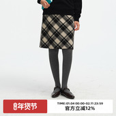 omont蛋挞家复古黑白格纹毛呢半身裙2025冬季 高腰直筒显瘦中裙子