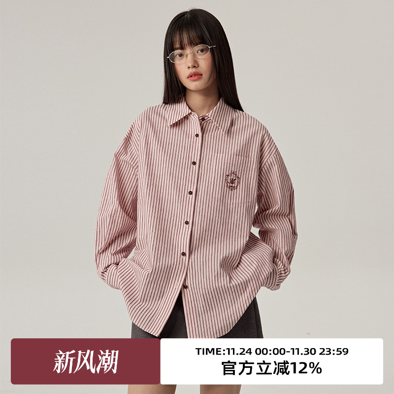 刺绣/条纹/纯棉/宽松衬衫