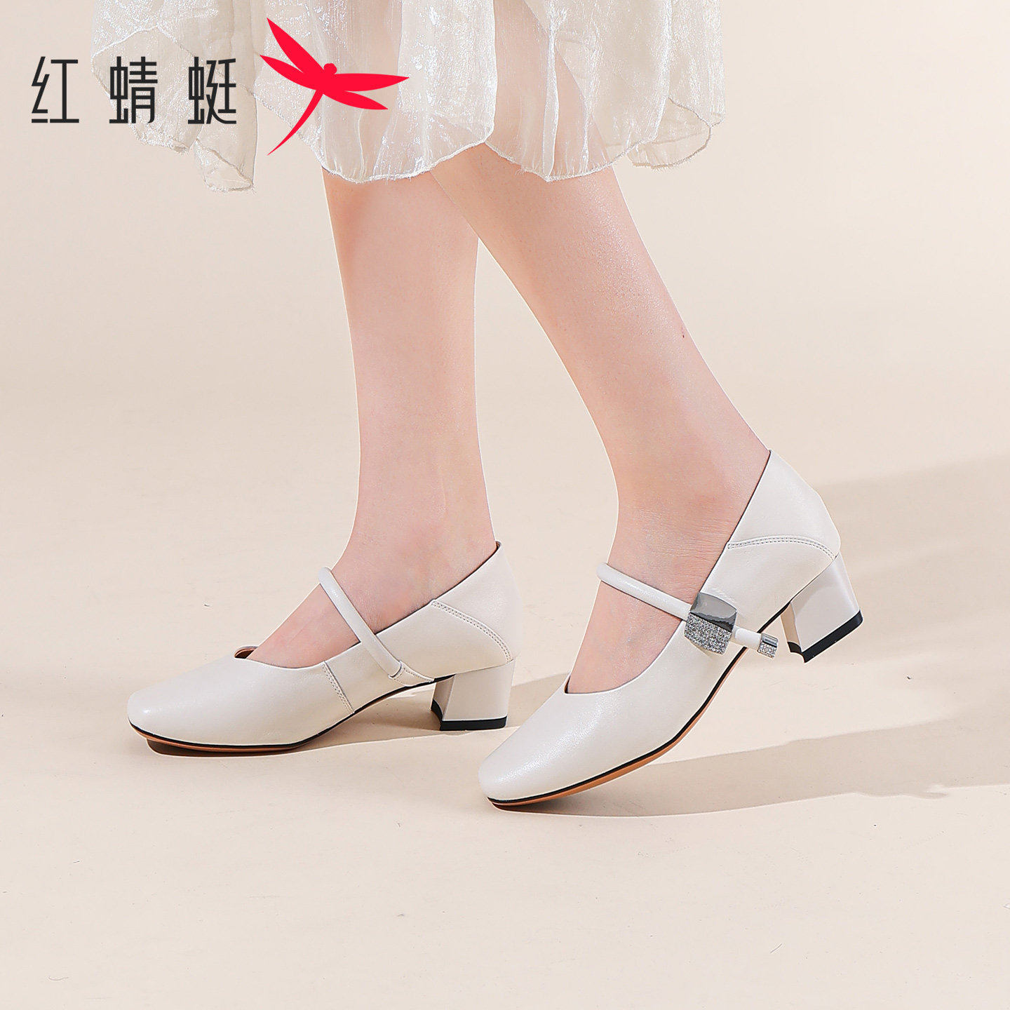 红蜻蜓女士皮鞋真皮粗跟浅口单鞋