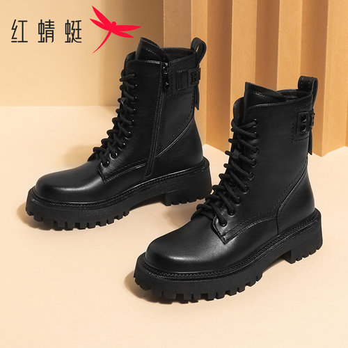 红蜻蜓冬季英伦风潮百搭真皮短靴