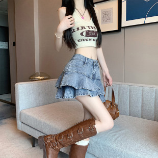 荷叶边牛仔短裙女夏高腰蛋糕裙显瘦包臀A字小个子辣妹超短鱼尾裙