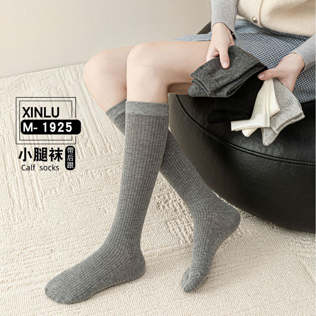 灰色小腿袜女纯棉堆堆春秋miu风竖条显瘦长筒袜高筒及膝袜jk长袜