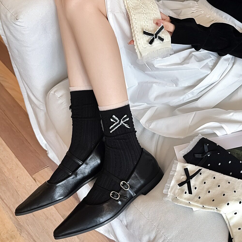 新款蝴蝶结袜子甜美ins潮棉袜中筒潮袜时尚百搭波点麻花袜