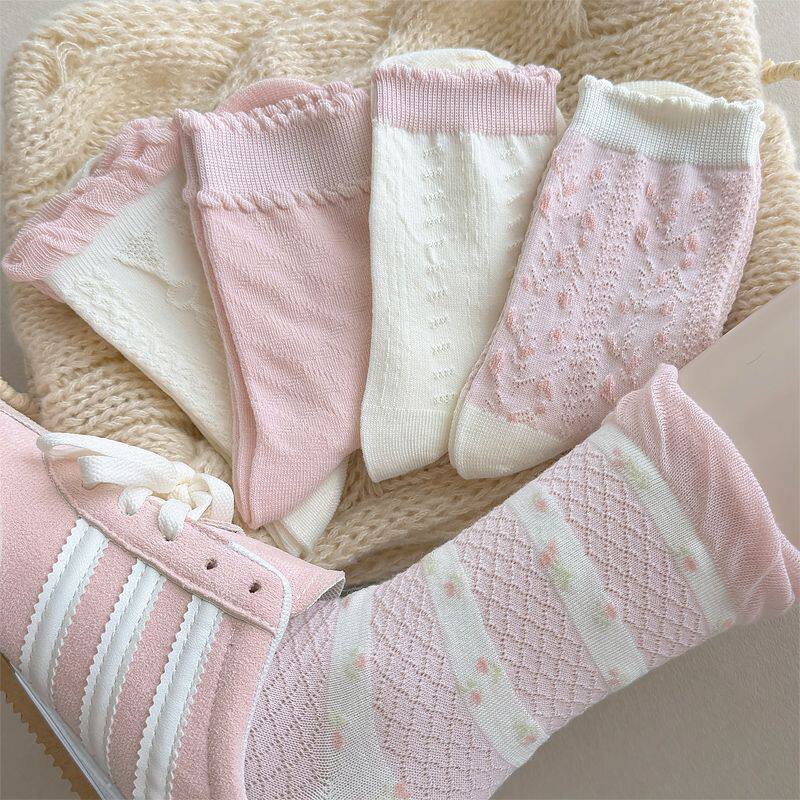 粉色花边袜子女春夏季薄款中筒袜日系ins潮学生JK碎花堆堆长筒袜