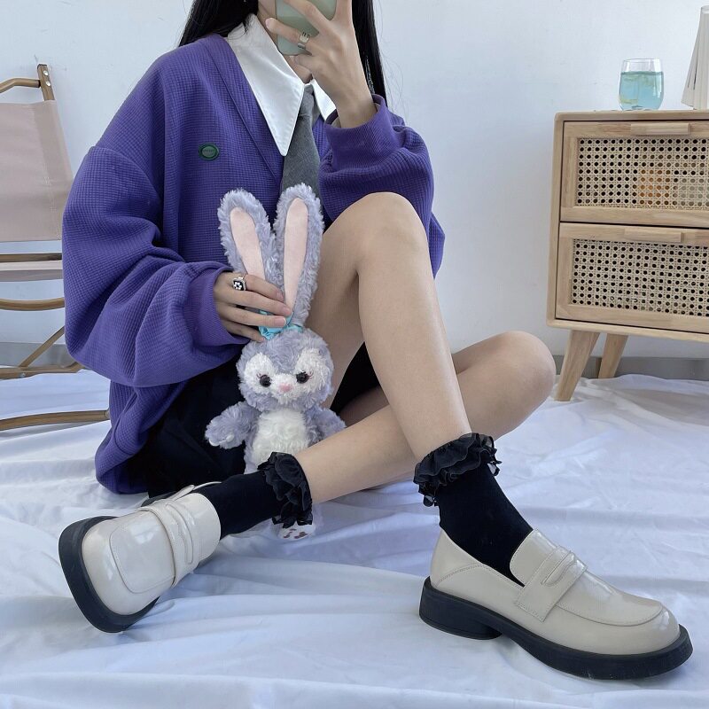 洛丽塔日系花边袜子女韩国复古学院风jk长袜黑白色学院风中筒袜子