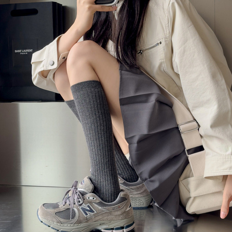 小腿袜女秋冬双针美拉德色女士堆堆袜纯色棉日系长袜子jk潮高筒袜
