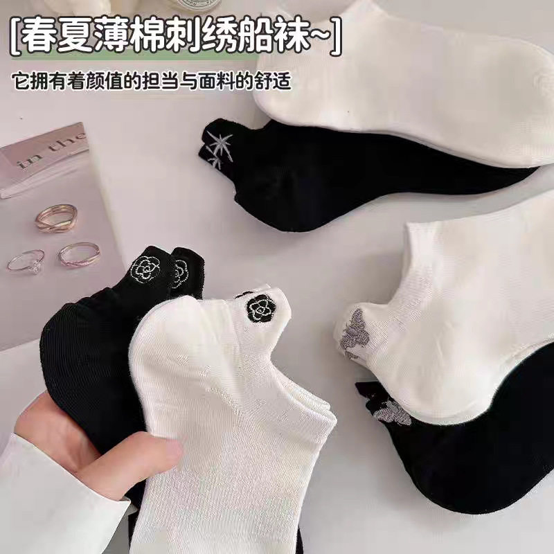 袜子女夏季纯棉薄款无骨不掉跟浅口透气刺绣提耳船袜防滑休闲百搭