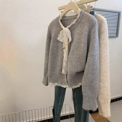 灰色蕾丝蝴蝶结气质针织开衫毛衣女小个子可外穿打底内搭长袖上衣