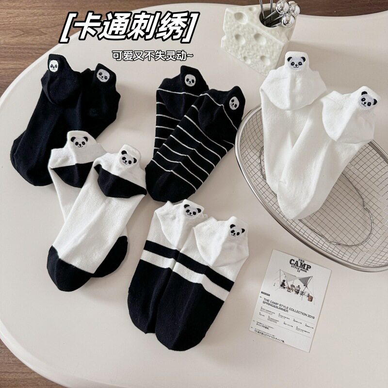 脚后跟刺绣大熊猫袜子女薄款棉日系可爱卡通黑白色浅口船袜日系风