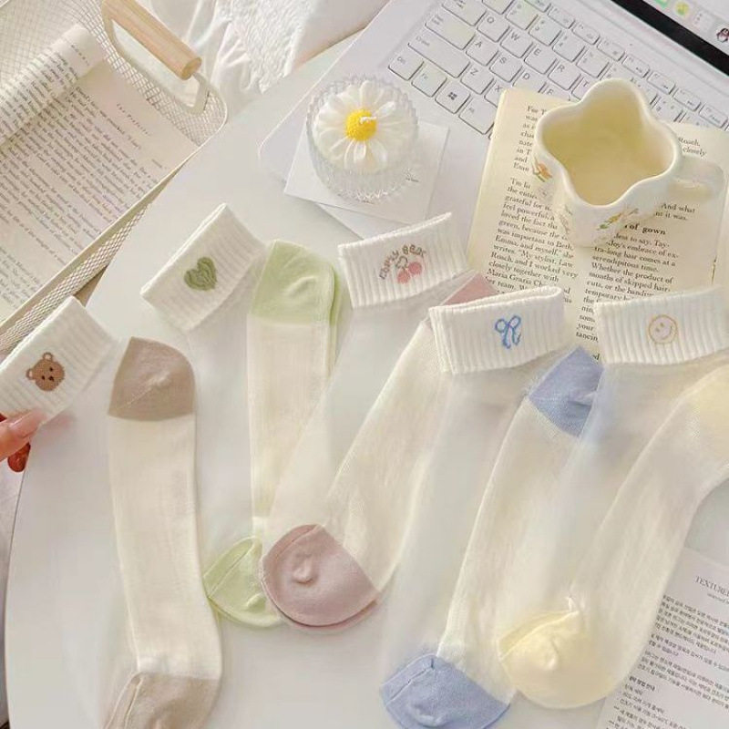 夏季轻薄透气水晶丝袜子女短袜底透明玻璃丝可爱卡通韩版运动学院