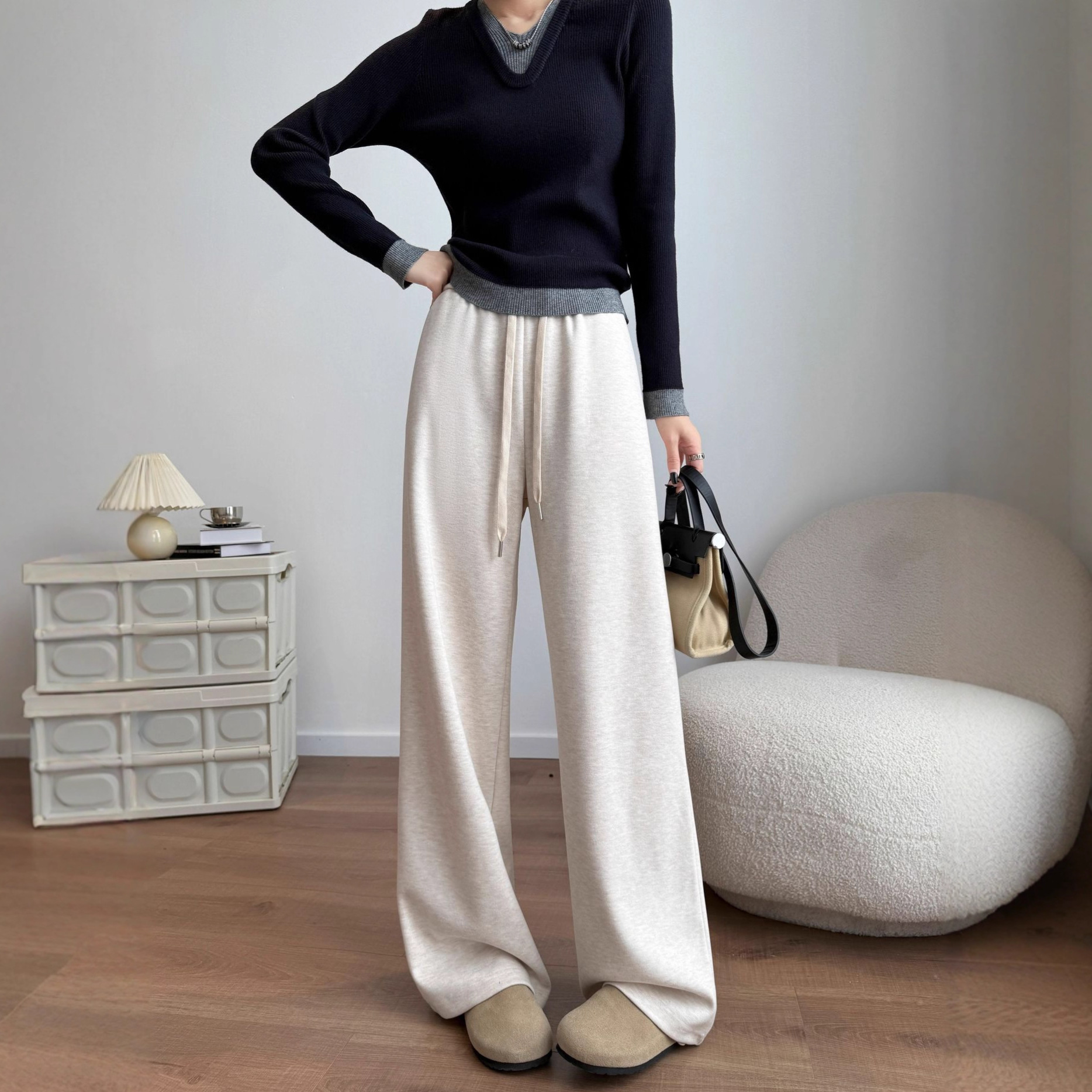 阔腿裤白色醋酸羊毛裤阔腿休闲裤
