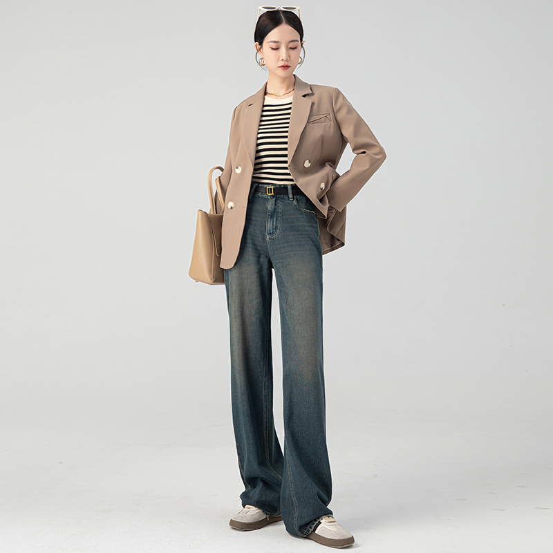水泥灰阔腿牛仔裤女2025春季新款加绒超好看直筒小个子垂感拖地裤