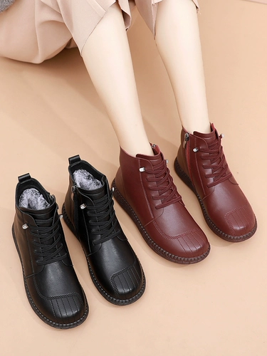 Зимние туфли для матери, нескользящая флисовая обувь, удерживающие тепло короткие сапоги, ботинки для кожаной обуви, для среднего возраста