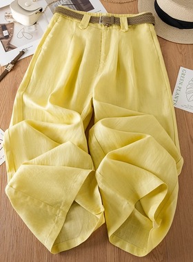 黄色棉麻阔腿裤女2025新款夏季薄款天丝休闲显瘦宽松休闲直筒裤子