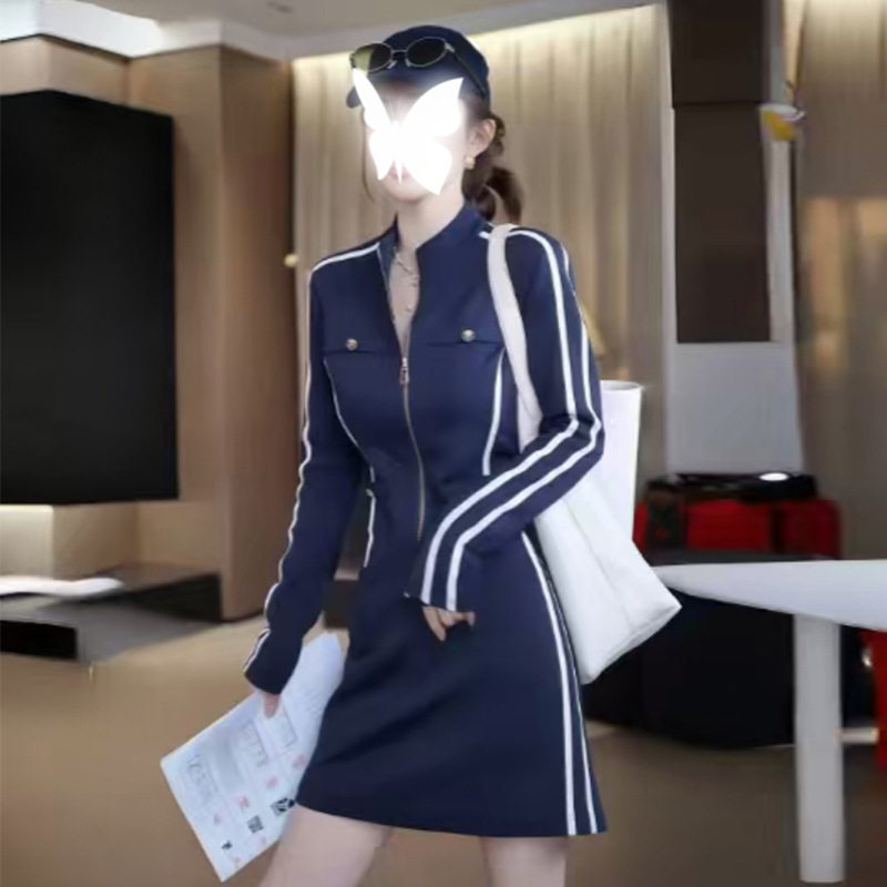 美式休闲运动套装裙女春秋小个子修身显瘦开衫长袖外套短裙两件套