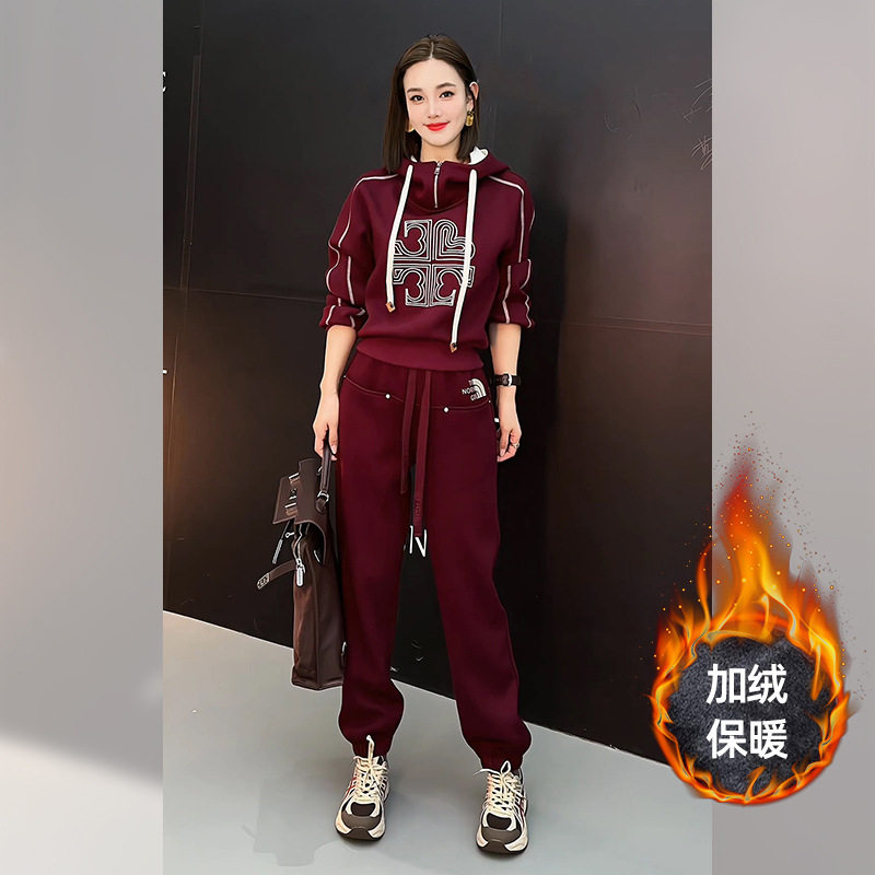 欧货加绒加厚运动套装女春季2025新款时尚洋气设计感卫衣两件套潮