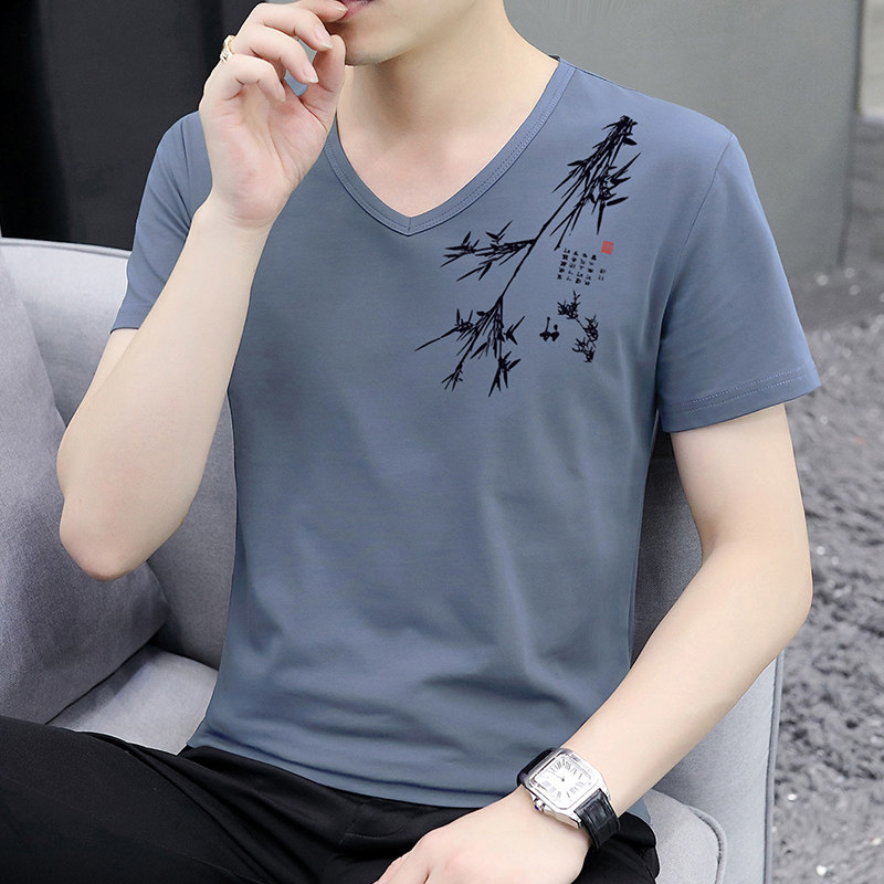 夏季青年v领短袖t恤男纯棉花卉印花休闲半袖上衣服薄款透气体恤衫