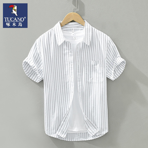 啄木鸟男士条纹短袖衬衫夏季休闲日系纯棉上衣服夏装百搭宽松衬衣