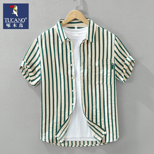 啄木鸟男士条纹短袖衬衫夏季薄款上衣服潮流百搭衬衣夏装简约休闲