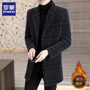 罗蒙男士毛呢外套秋冬季中长款加厚格子上衣服高端仿貂绒呢子大衣