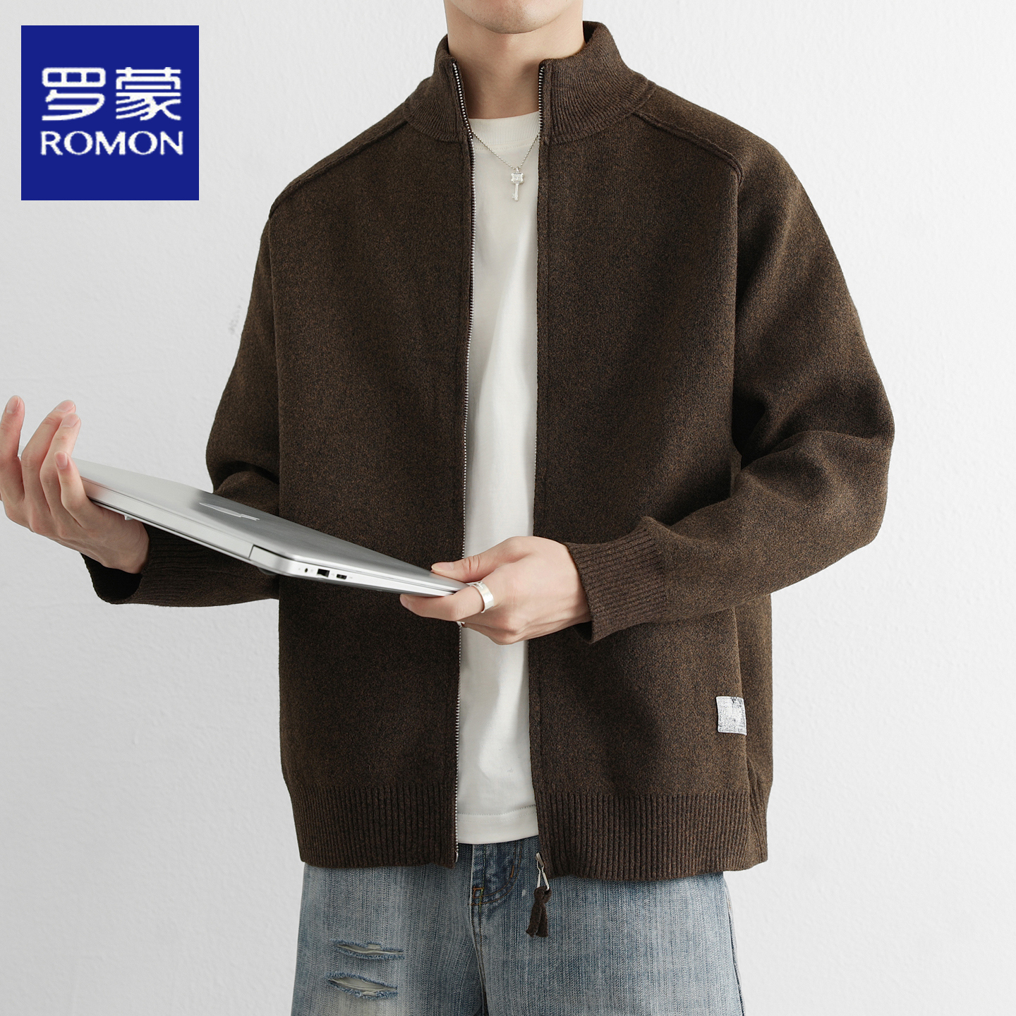 罗蒙男士立领针织开衫毛衣外套