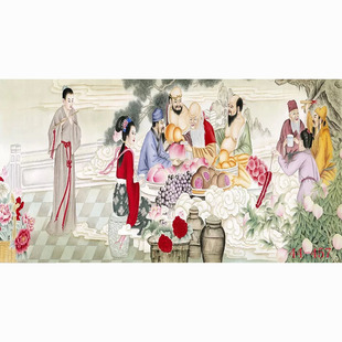 国画人物画宣纸字画客厅餐厅沙发背景墙装饰画挂画蟠桃会八仙贺寿