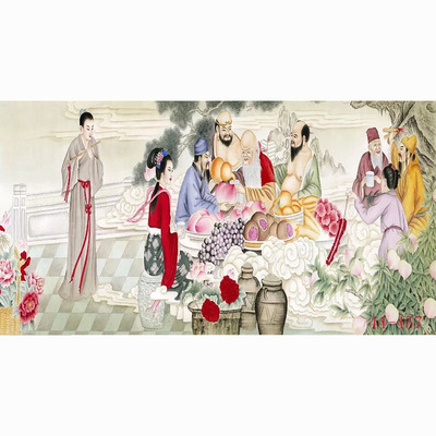 国画人物画宣纸字画客厅餐厅沙发背景墙装饰画挂画蟠桃会八仙贺寿