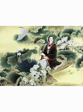 中国画人物画高清字画酒店餐饮火锅墙壁画装饰画挂画美女荷塘游船